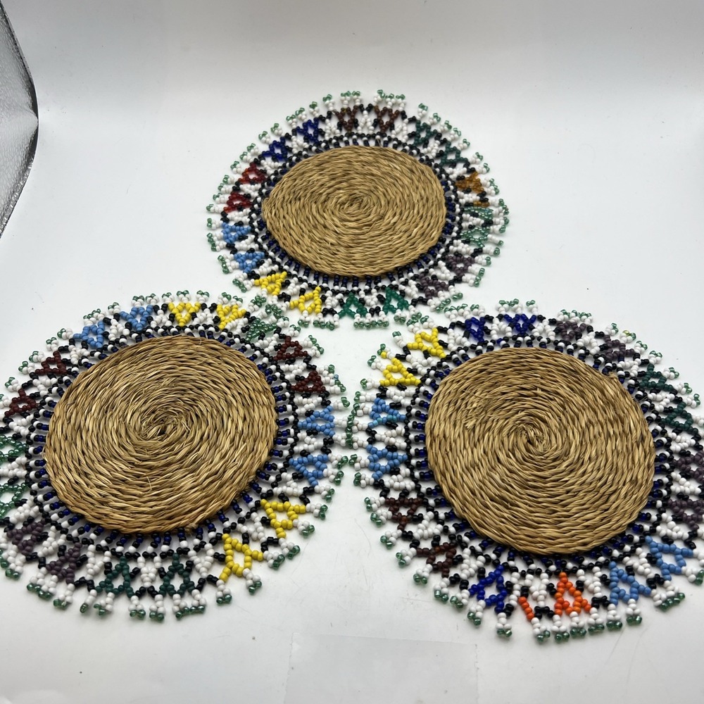 Set of 3 Vintage Ndebele Beaded Grass Coasters African Hand Woven Trivet Mats 6"